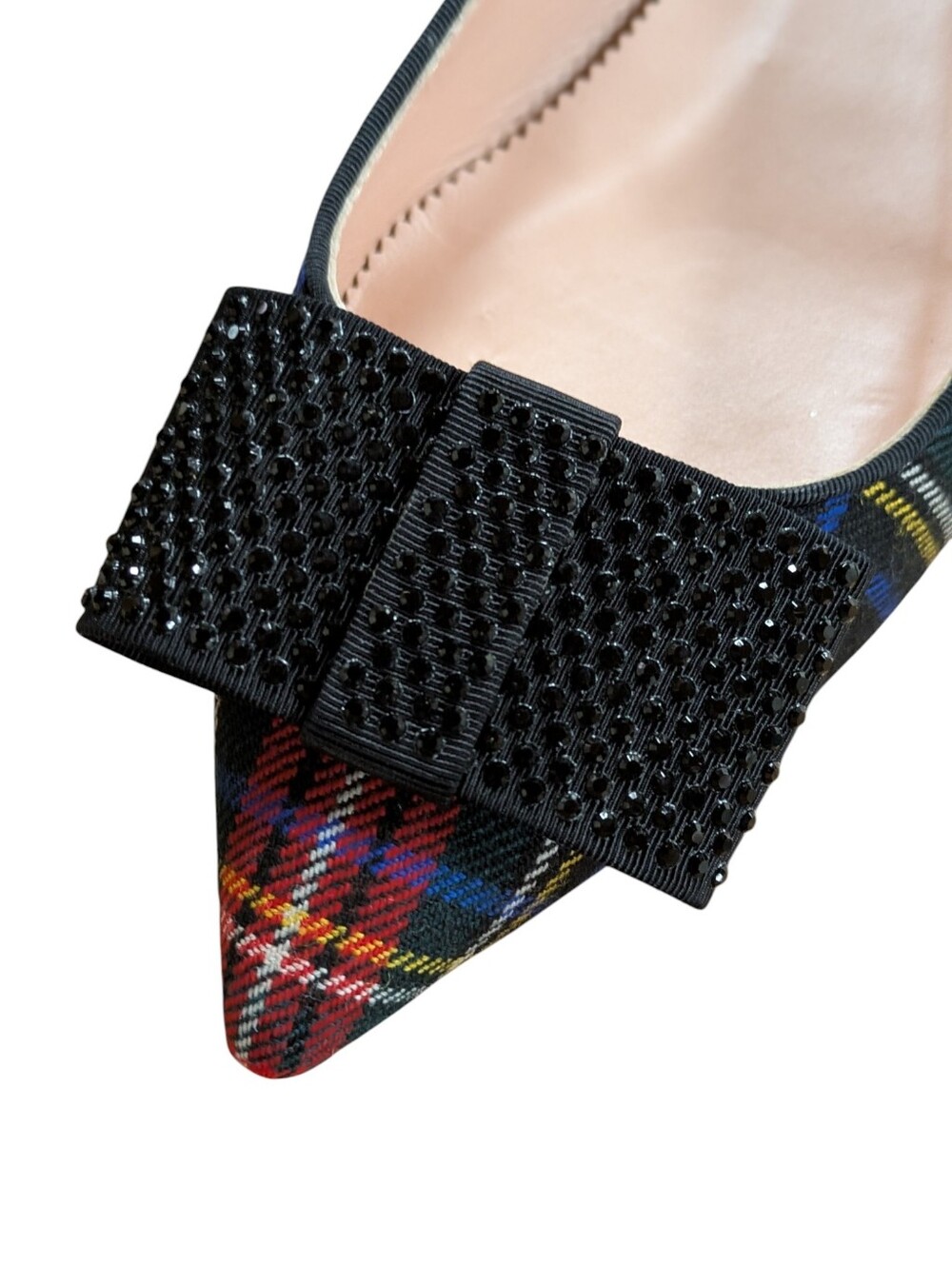 J. Crew Tartan Plaid Rhinestone Bow Pointed Toe Flats Size 8.5 - Picture 5 of 12